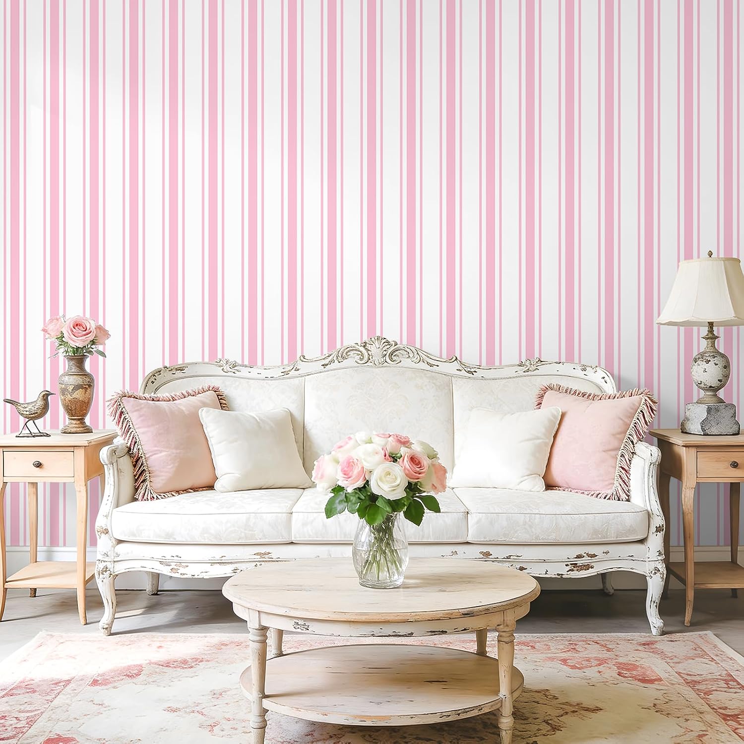 PAPEL MURAL AUTOADHESIVO VEELIKE RAYAS ROSA Y BLANCO 17.7' X 354' - 2