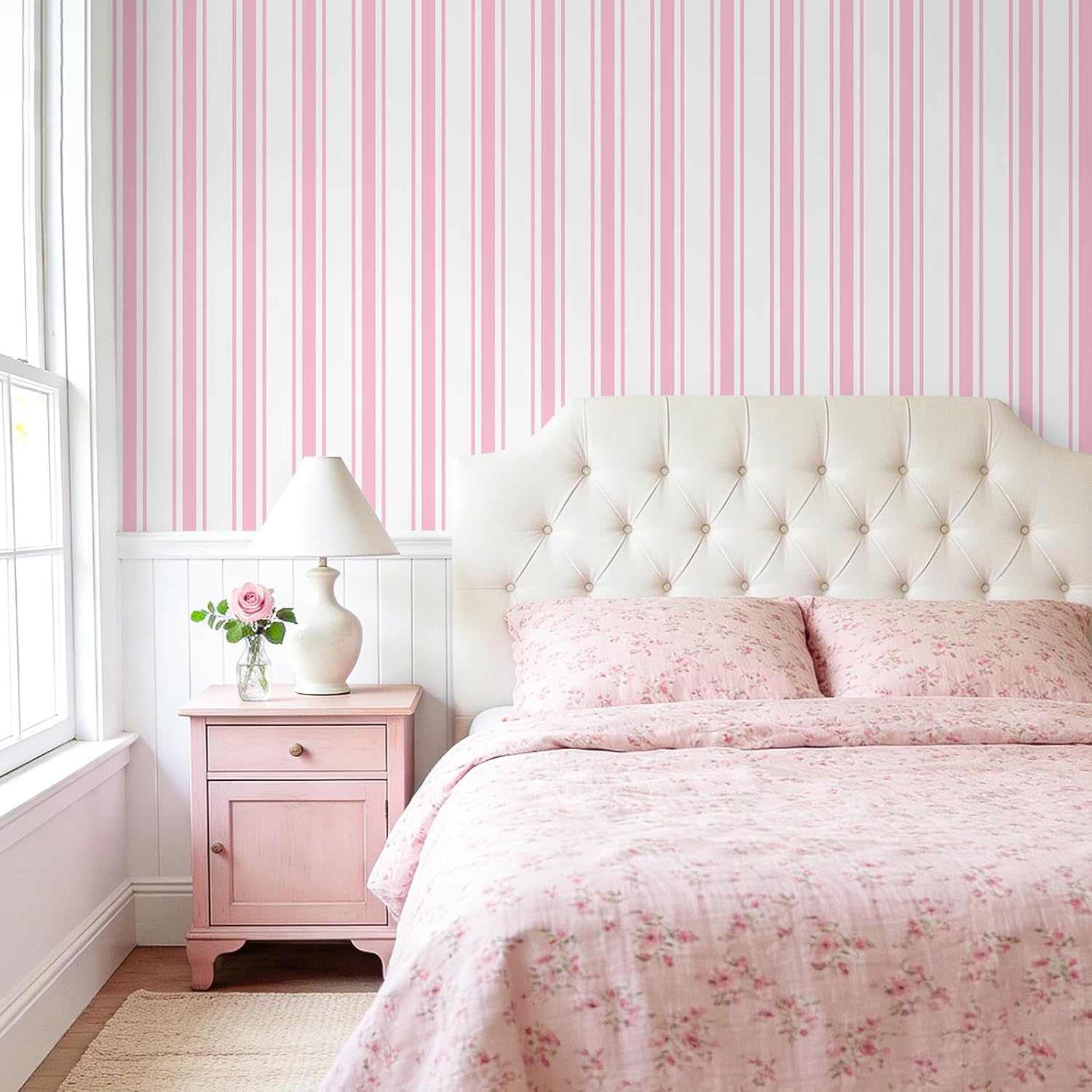 PAPEL MURAL AUTOADHESIVO VEELIKE RAYAS ROSA Y BLANCO 17.7' X 354' - 3