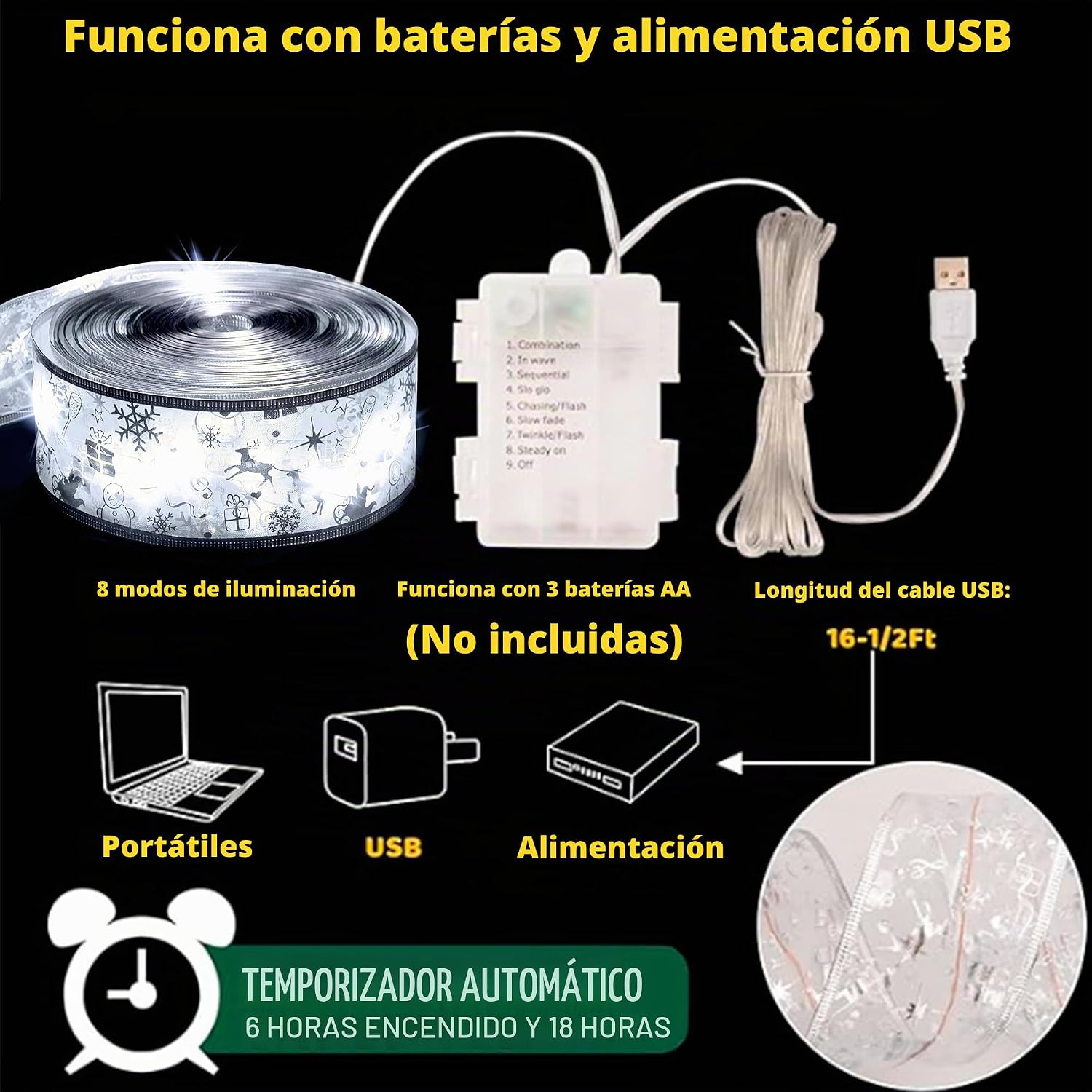 CINTA DE LUCES LED PARA ÁRBOL DE NAVIDAD VIMORG 2.5 PULG X 20 M 200 LEDS CON 8 MODOS Y TEMPORIZADOR - 3