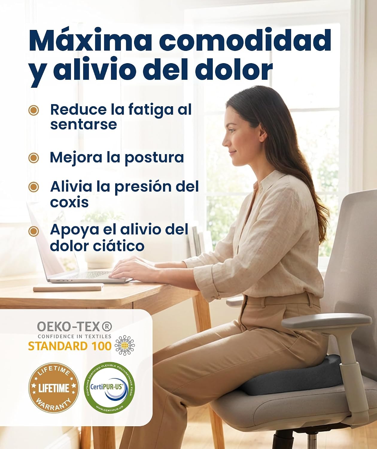 ALMOHADILLA TERAPÉUTICA EVERLASTING COMFORT MEMORY FOAM PARA ASIENTO OFICINA Y AUTO GRIS GRANDE - 2