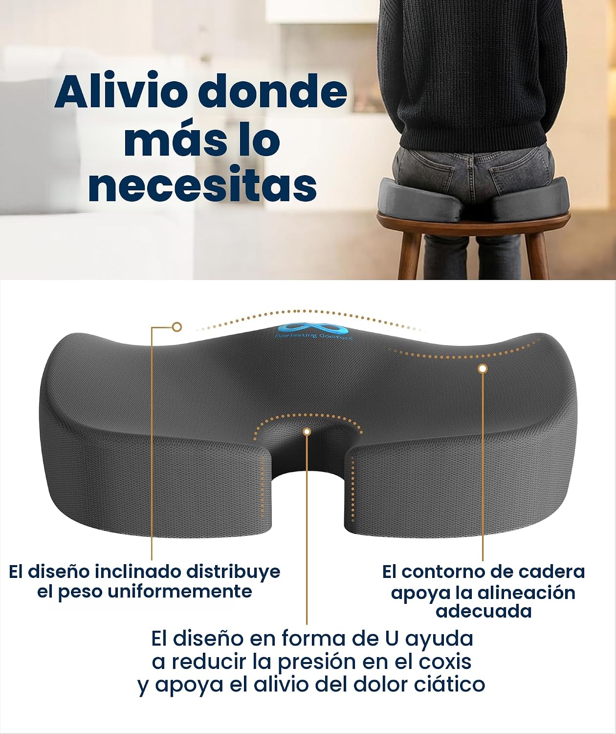 ALMOHADILLA TERAPÉUTICA EVERLASTING COMFORT MEMORY FOAM PARA ASIENTO OFICINA Y AUTO GRIS GRANDE - 3