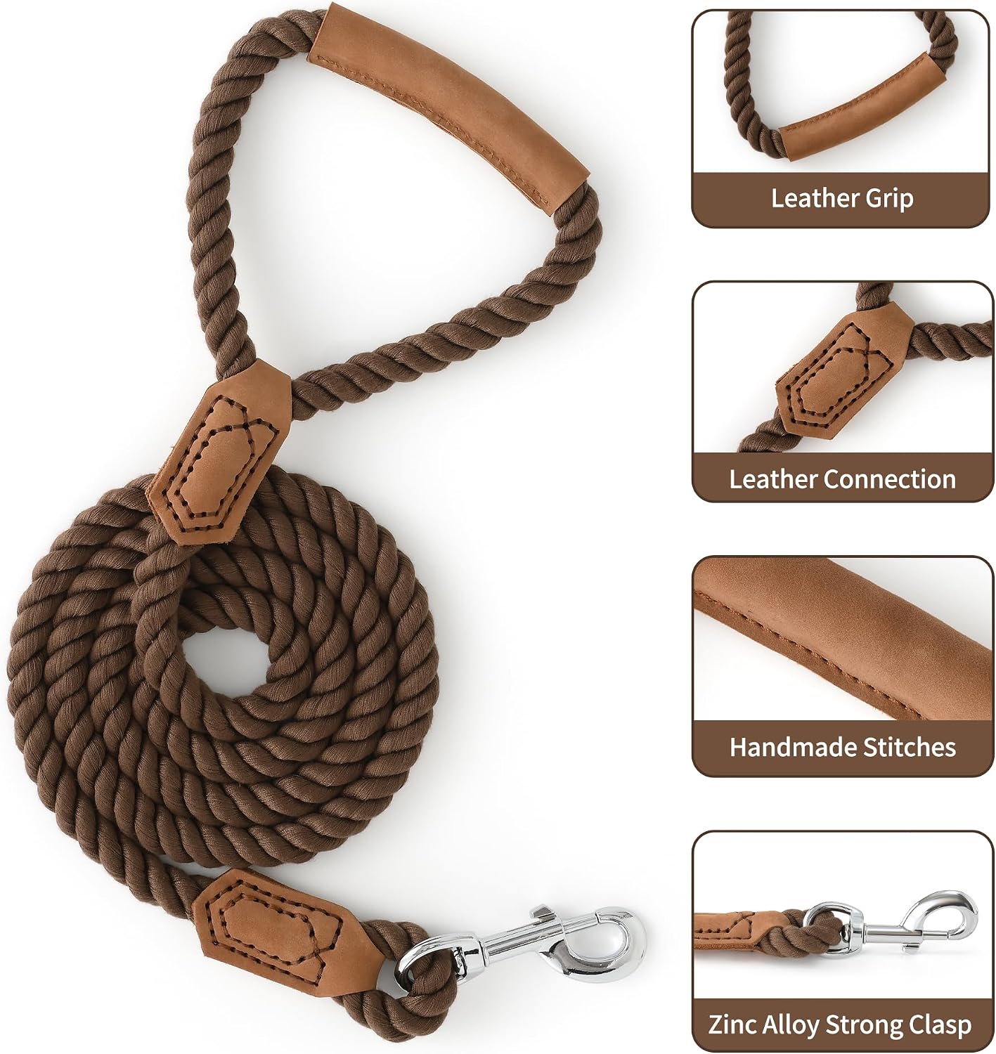 CORREA PARA PERRO MILE HIGH LIFE CUERDA DE ALGODÓN TRENZADA CON EXTREMOS Y MANGO DE CUERO COLOR CAMEL OSCURO - 5
