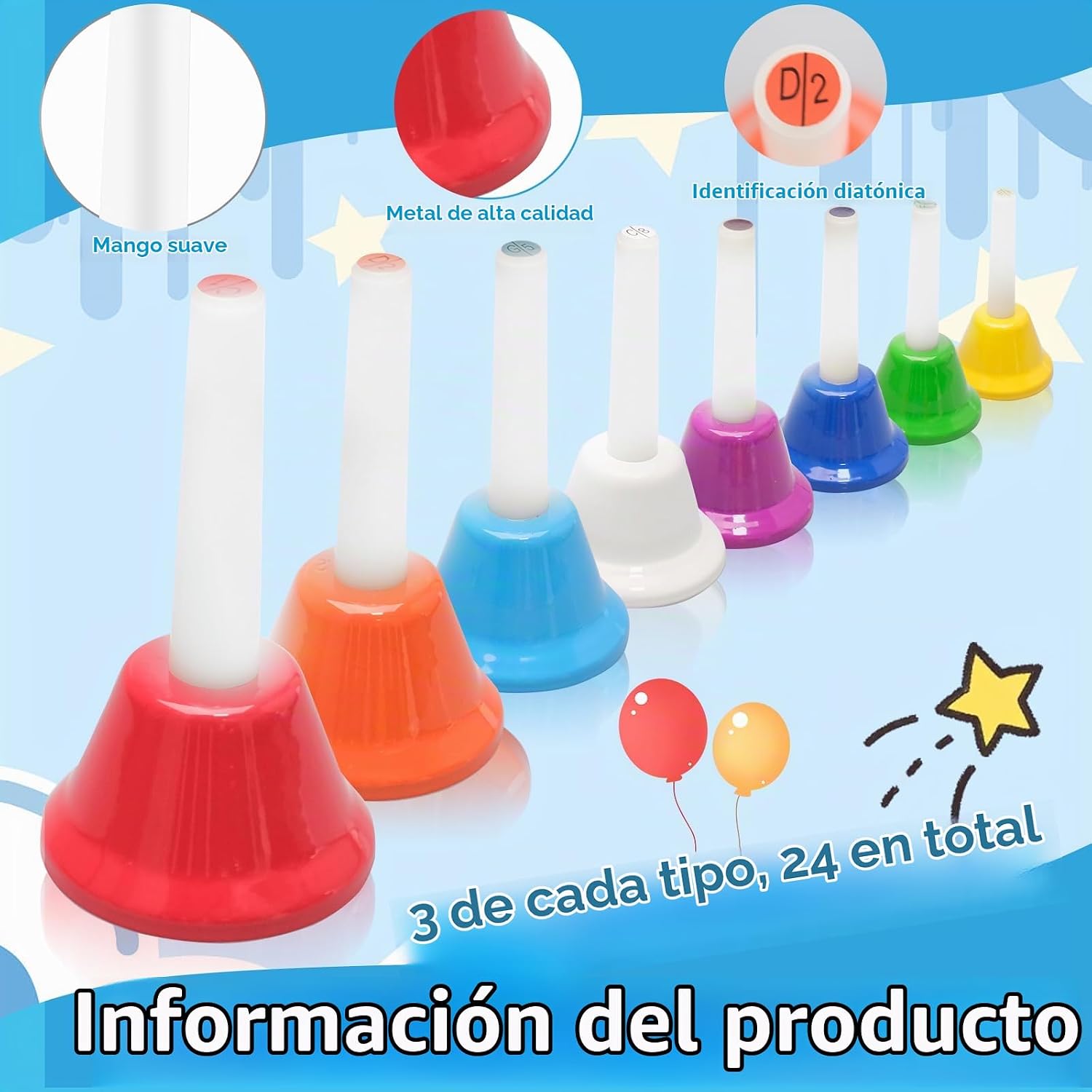 SET DE 24 CAMPANAS DE MANO METÁLICAS CONEHOY PARA NIÑOS MULTICOLOR - 2