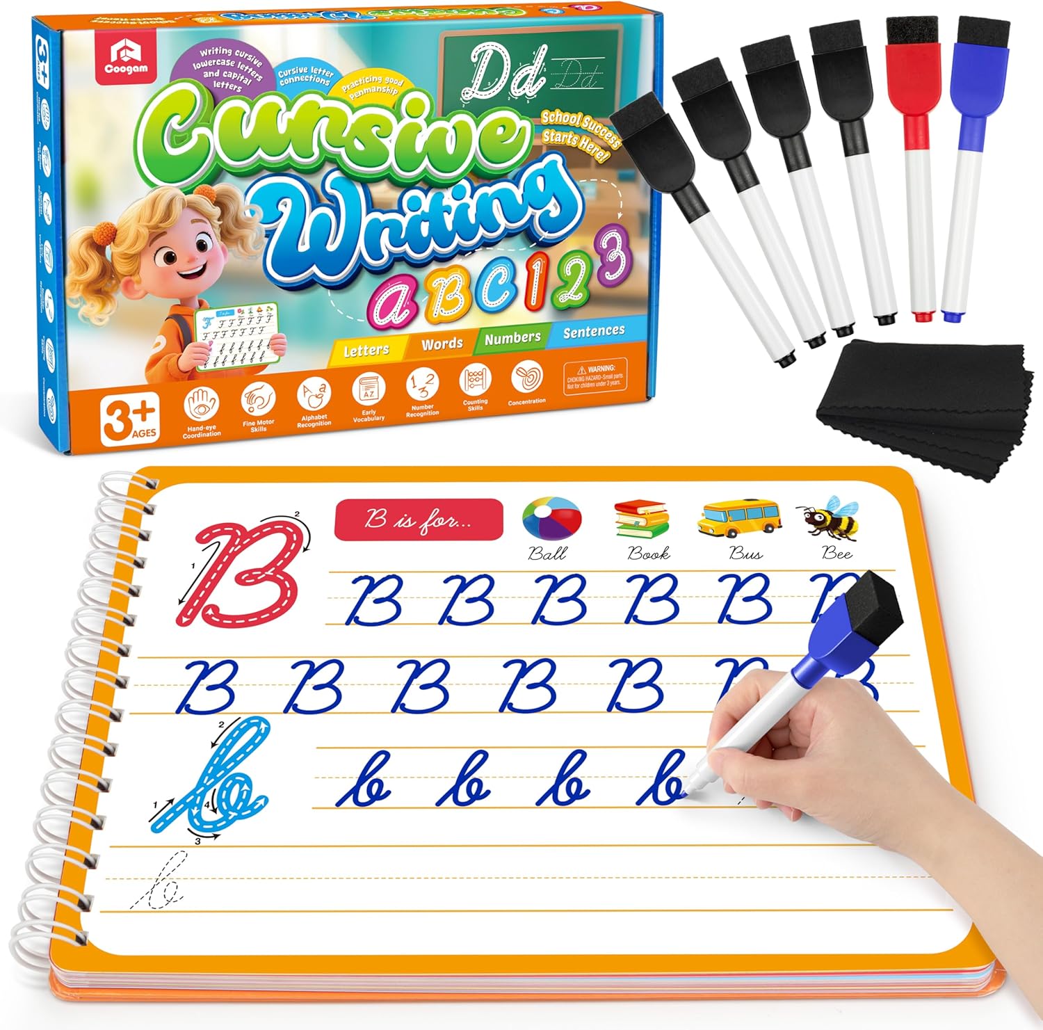 CUADERNO DE PRÁCTICA MÁGICA COOGAM PARA NIÑOS 3-12 AÑOS CON BORRADO EN SECO Y ESCRITURA CURSIVA - 1