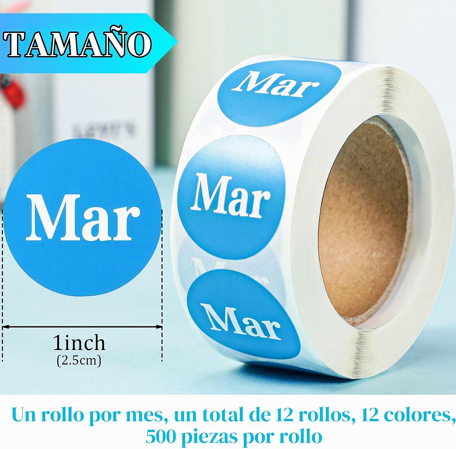 ETIQUETAS ADHESIVAS ZONON 12 ROLLOS 6000 PIEZAS REDONDAS MESES 1 PULGADA MULTICOLOR - 2