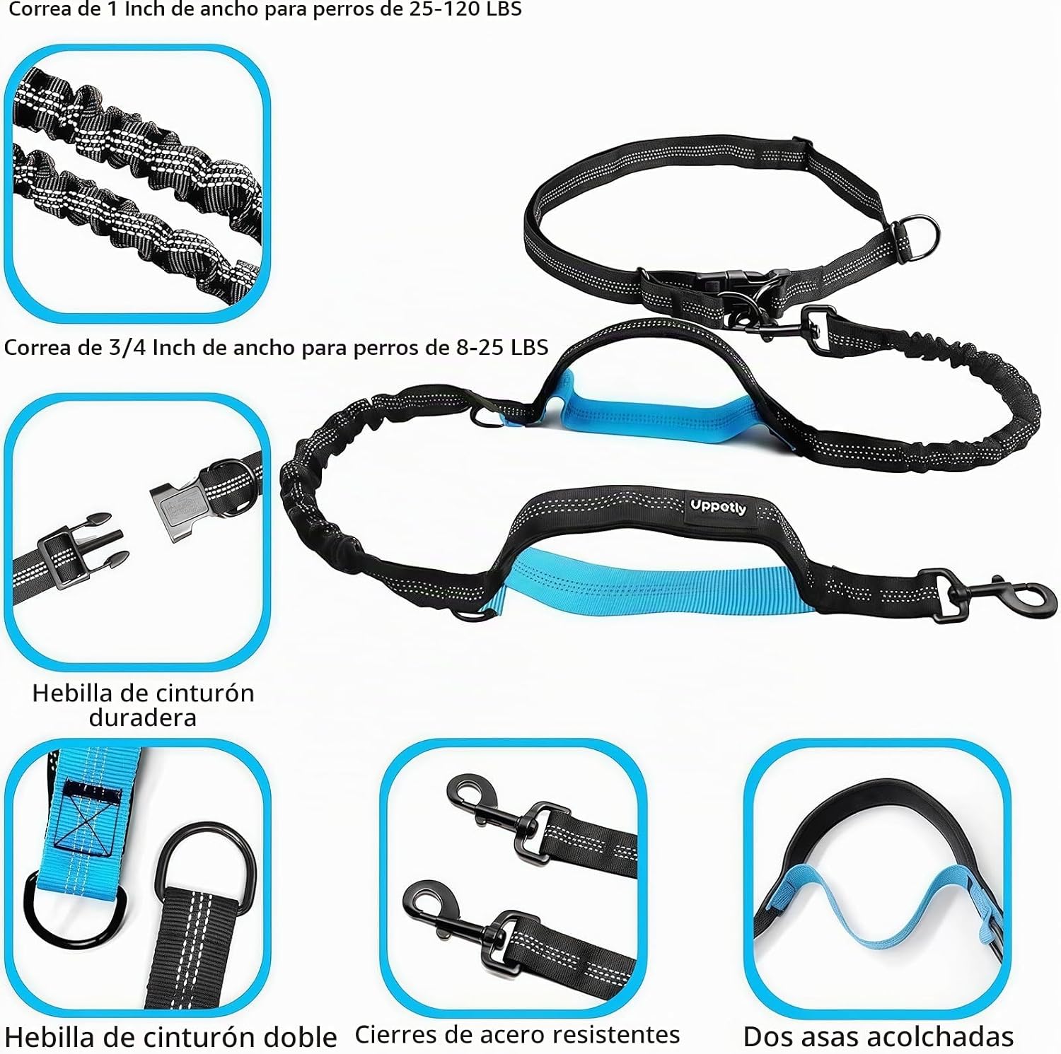 CORREA PARA PERRO MANOS LIBRES UPPETLY SMALL PARA PERROS DE 8 A 25 LB CON CINTURÓN AJUSTABLE Y COSTURAS REFLECTANTES - 2