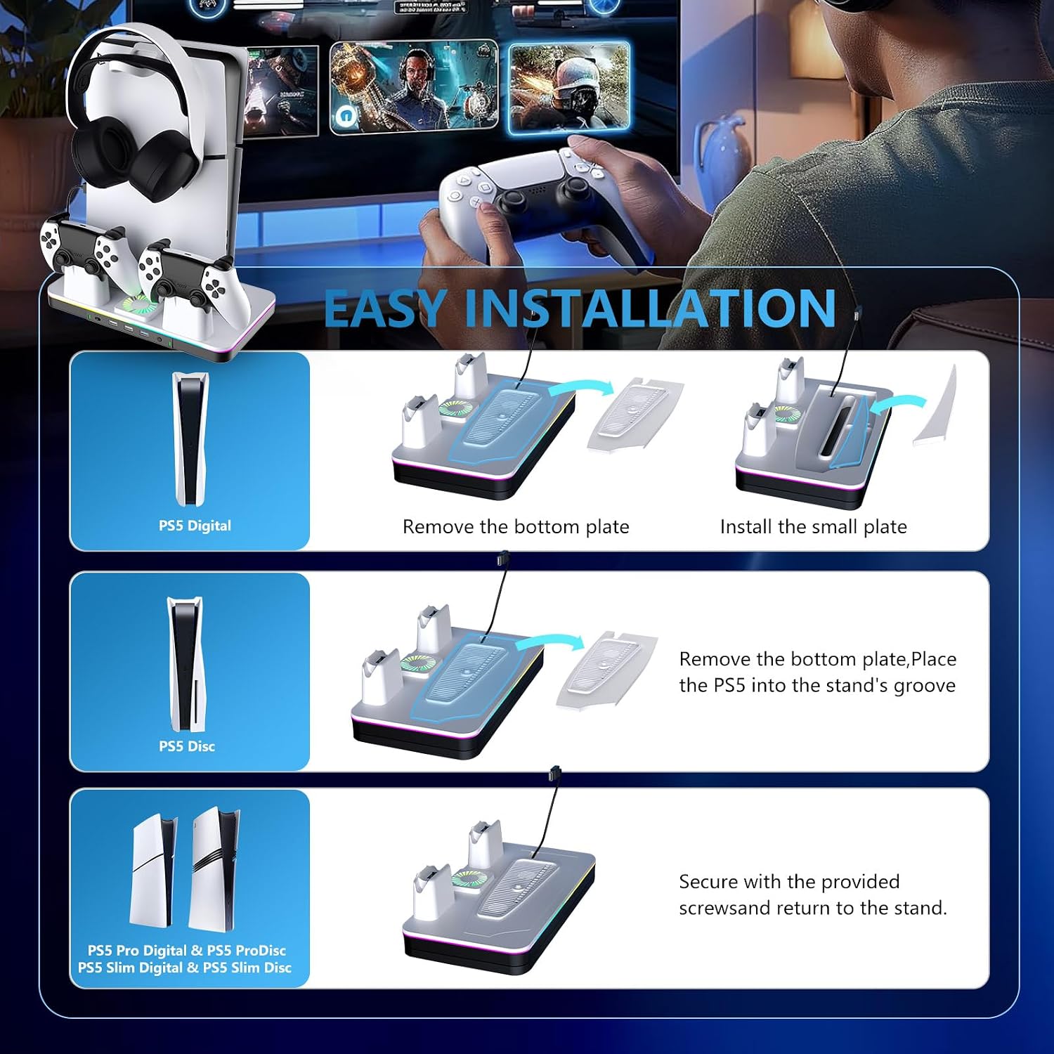 ESTACIÓN DE CARGA Y ENFRIAMIENTO G-STORY PARA PS5/PRO/SLIM CON CARGADOR DUAL DE CONTROLES Y VENTILADOR RGB - 3