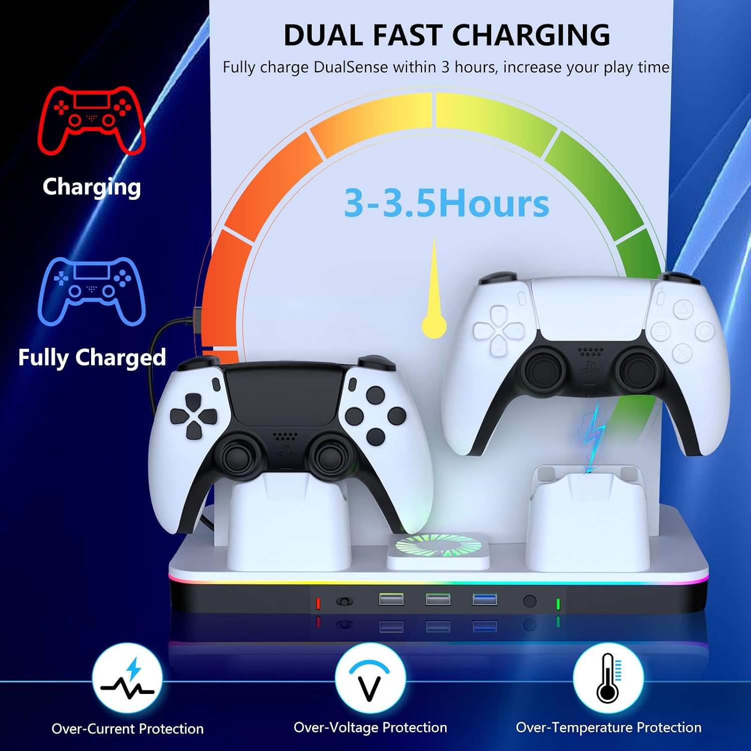 ESTACIÓN DE CARGA Y ENFRIAMIENTO G-STORY PARA PS5/PRO/SLIM CON CARGADOR DUAL DE CONTROLES Y VENTILADOR RGB - 4