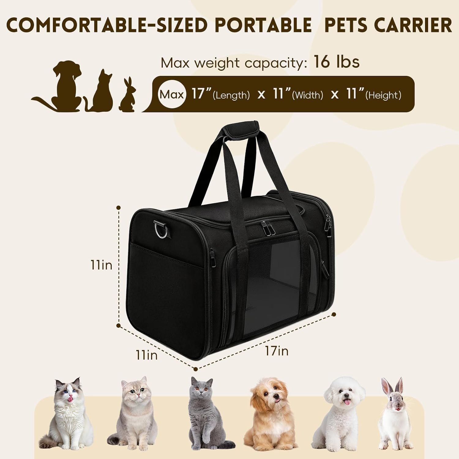 TRANSPORTADORA PARA GATO Y PERRO PEQUEÑO ZEDKEYS HASTA 7.25 KG NEGRA - 2