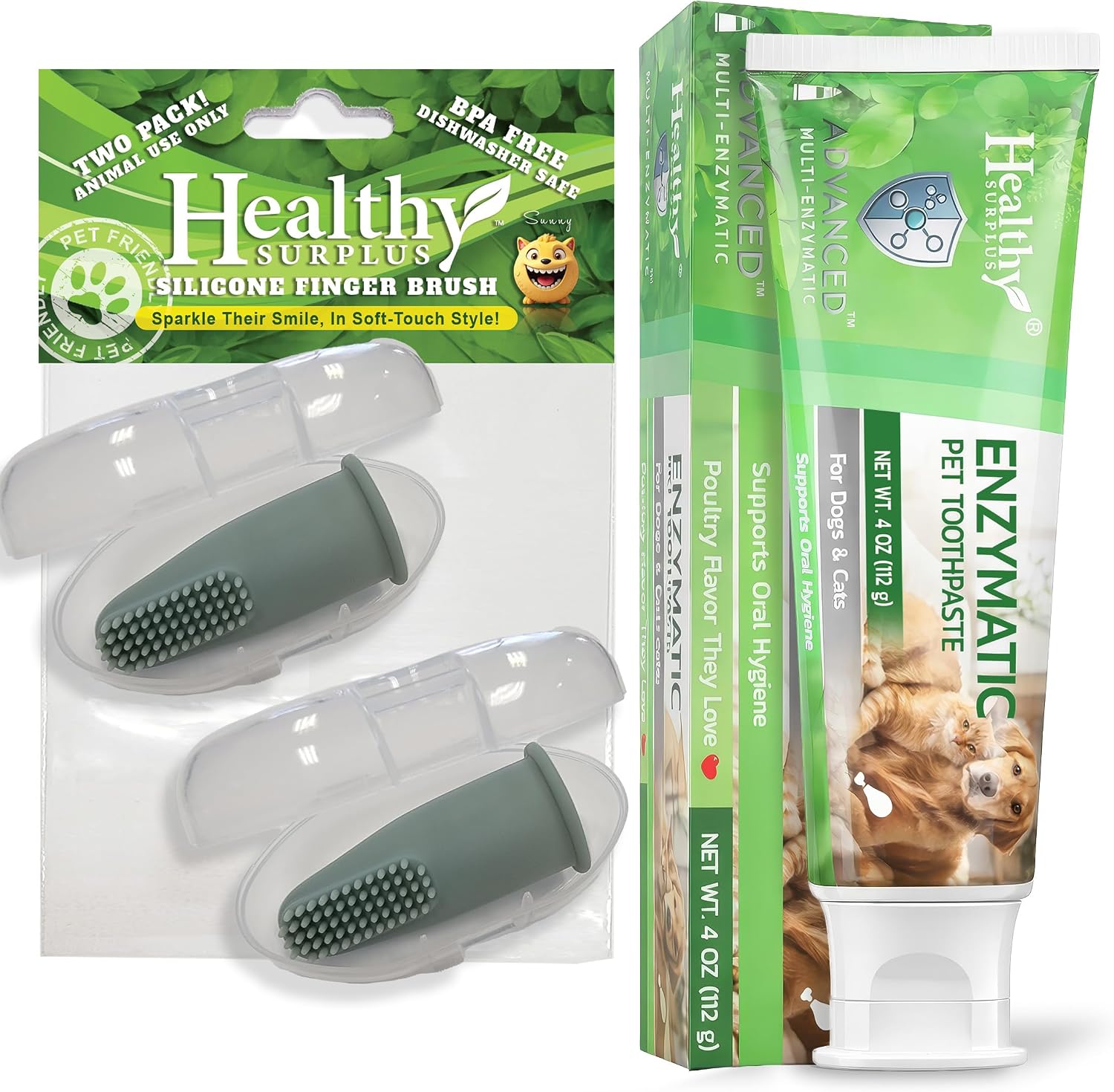 PASTA DENTAL ENZIMÁTICA HEALTHY SURPLUS 4 OZ SABOR POLLO CON CEPILLOS DE SILICONA PARA MASCOTAS - 1