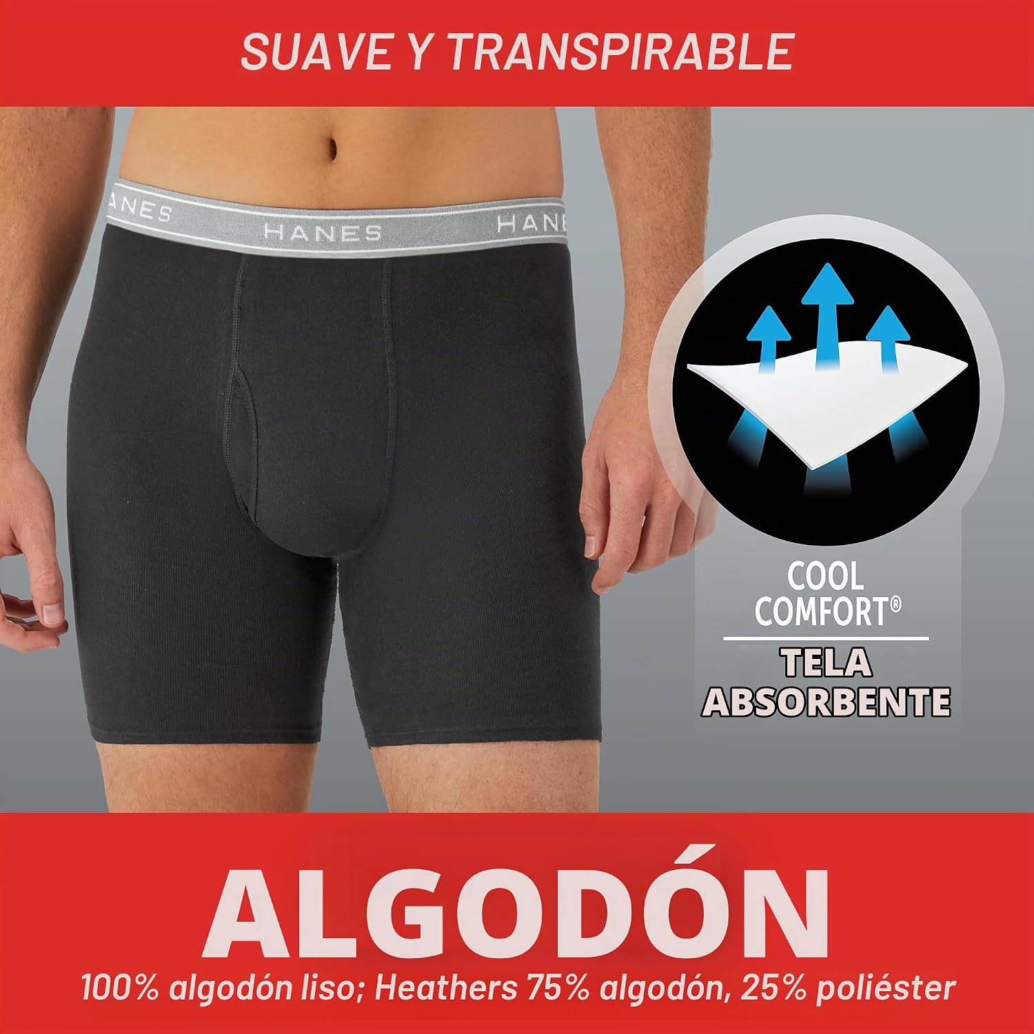 BOXERS PARA HOMBRE HANES 6 UNIDADES NEGRO/GRIS - 3