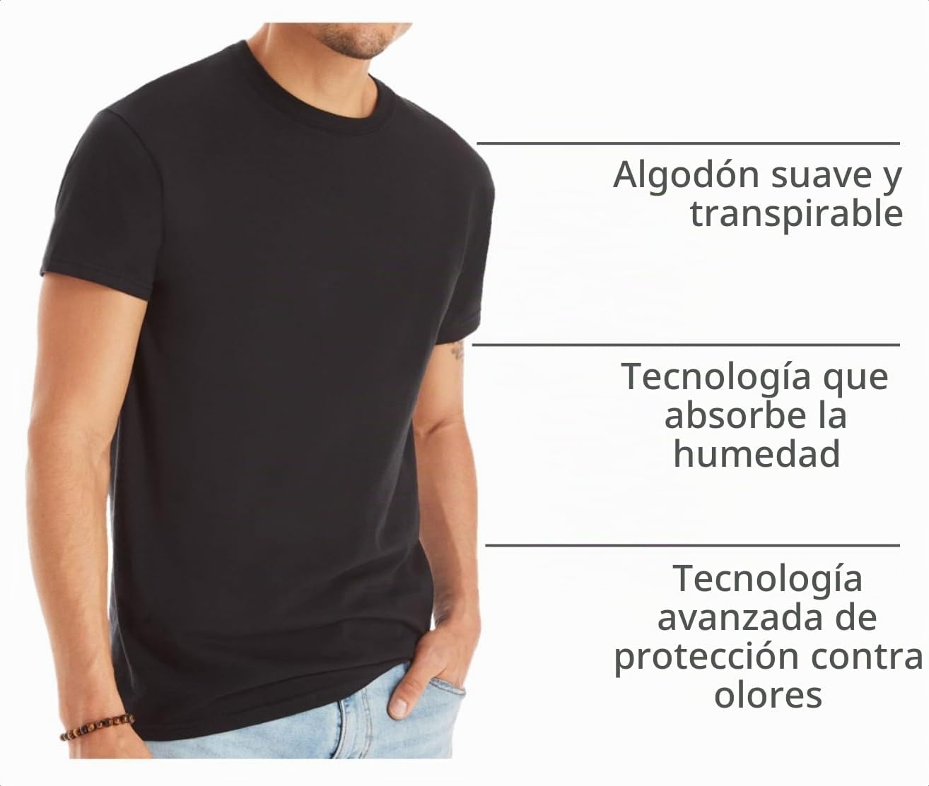 CAMISETAS INTERIORES PARA HOMBRE HANES PAQUETE 6 COLORES NEGRO, GRIS Y AZUL - 4