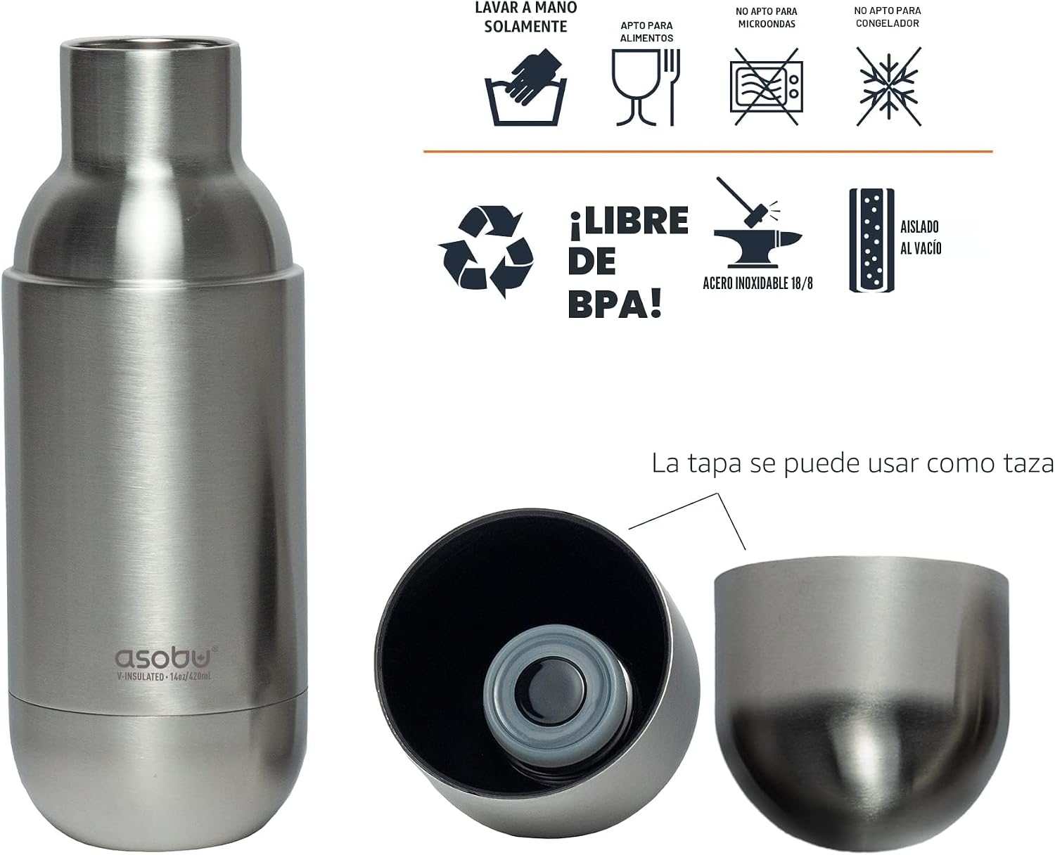 TERMO ASOBU CAPSULE BOTTLE ACERO INOXIDABLE DOBLE PARED 420 ML PLATEADO - 5