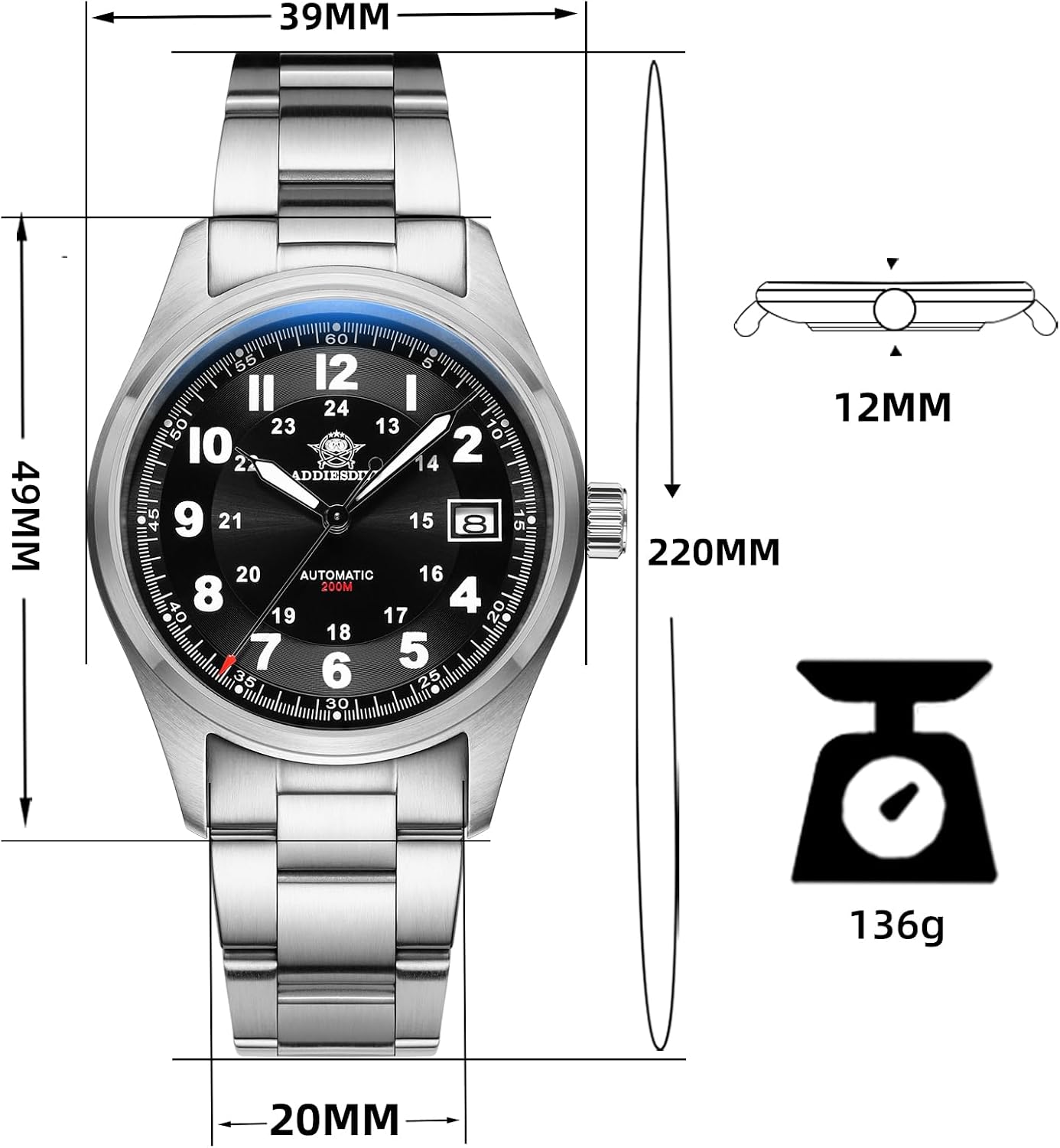 RELOJ ADDIESDIVE AUTOMÁTICO ACERO INOXIDABLE BUZO 200M ESFERA NEGRA - 2