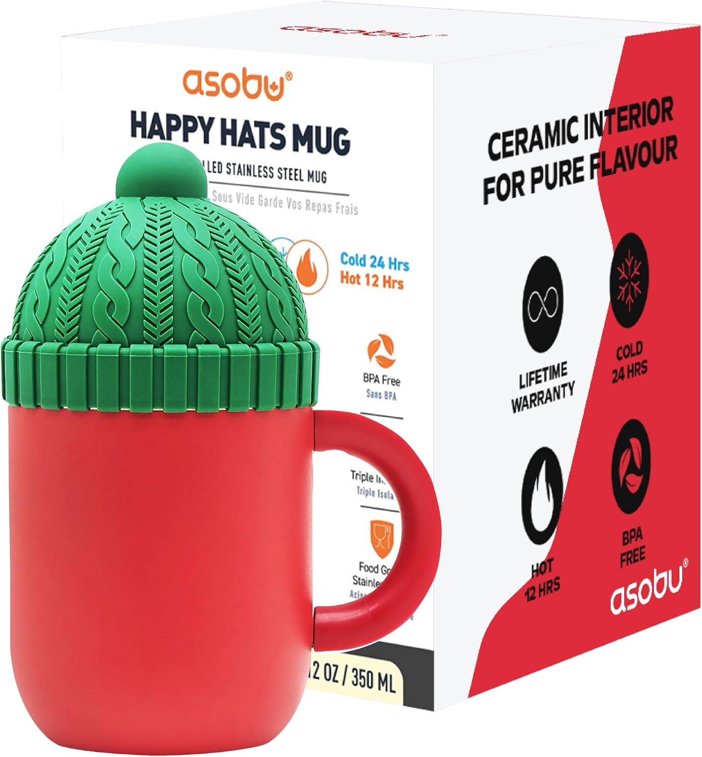 TAZA ASOBU HAPPY HAT MUG 12 OZ ACERO INOXIDABLE DOBLE PARED ROJO - 1