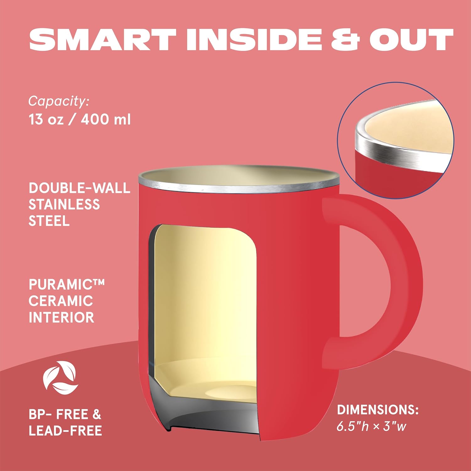 TAZA ASOBU HAPPY HAT MUG 12 OZ ACERO INOXIDABLE DOBLE PARED ROJO - 3