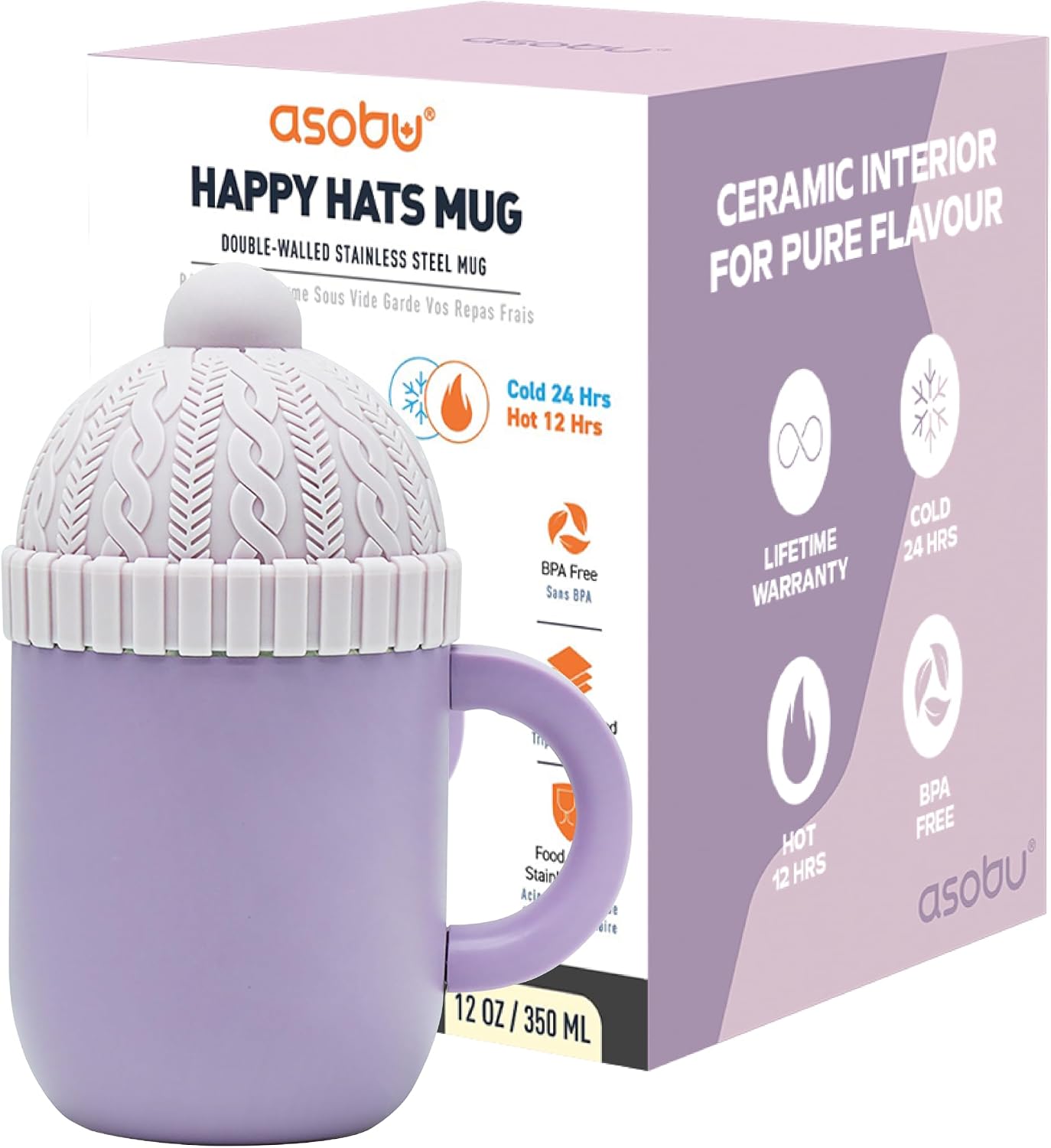 TAZA ASOBU HAPPY HAT MUG 12 OZ ACERO INOXIDABLE DOBLE PARED PÚRPURA - 1