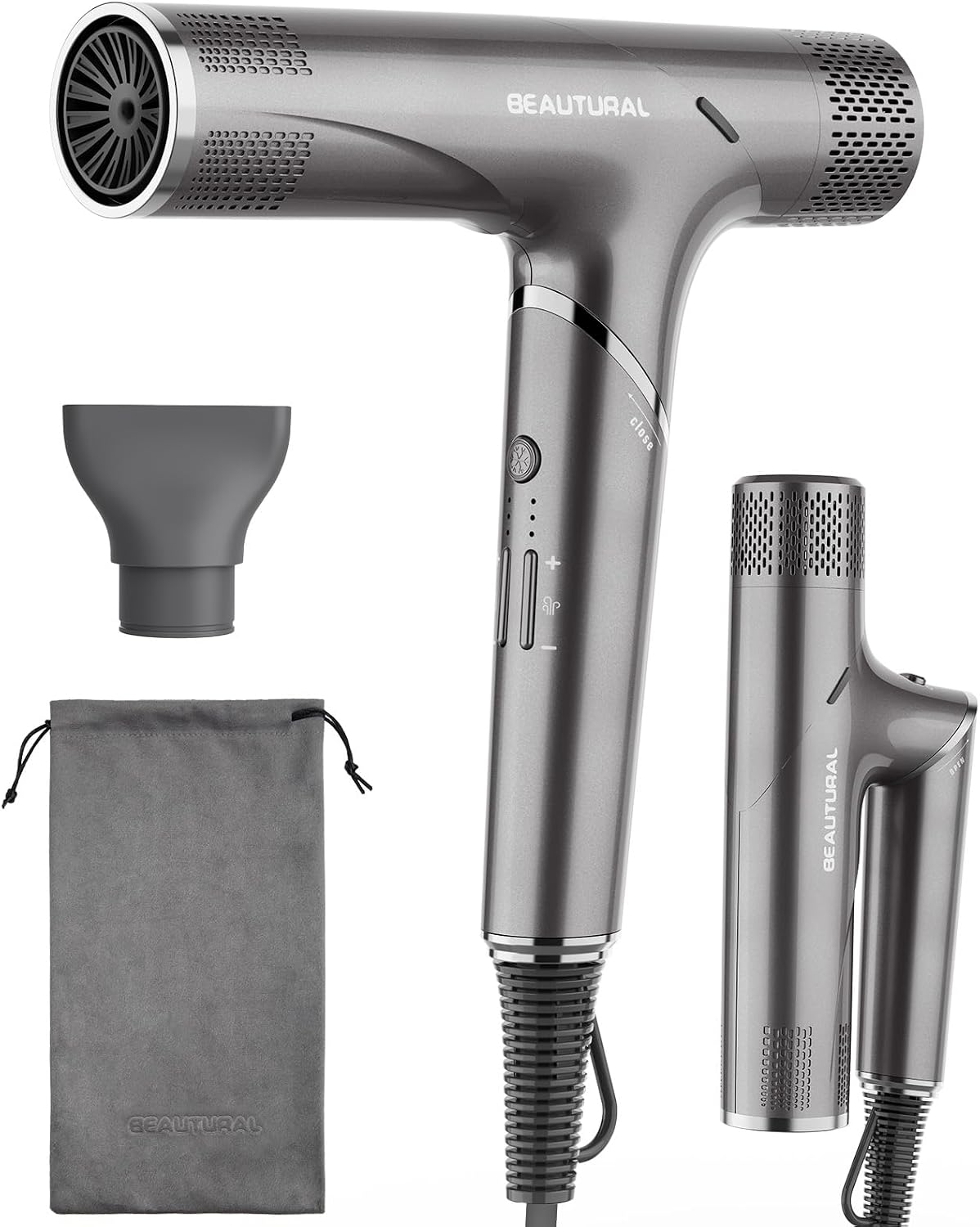 SECADORA DE CABELLO BEAUTURAL 1600W PLEGABLE DUAL VOLTAGE GRIS - 1