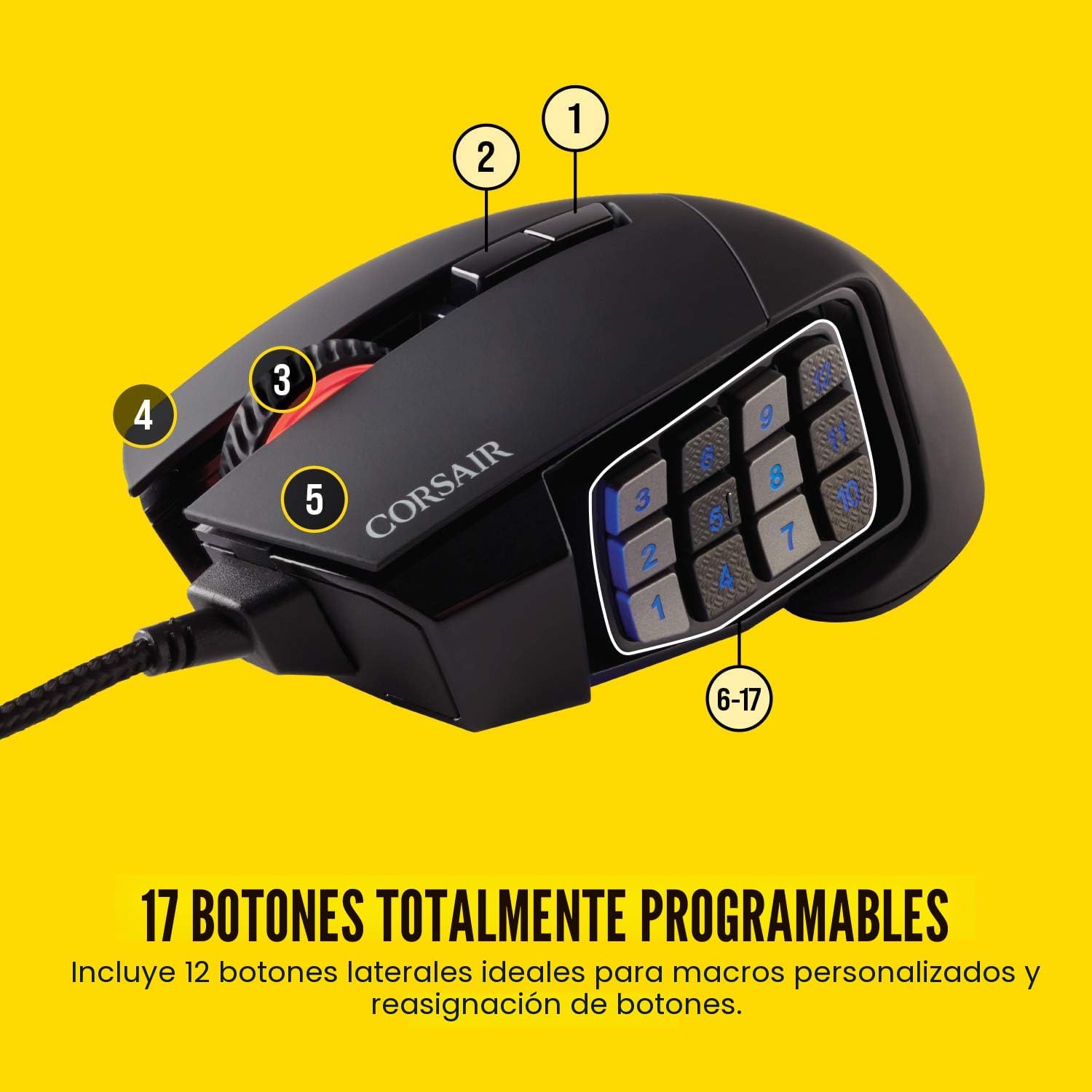 MOUSE CORSAIR SCIMITAR RGB ELITE WIRED GAMING NEGRO - 3