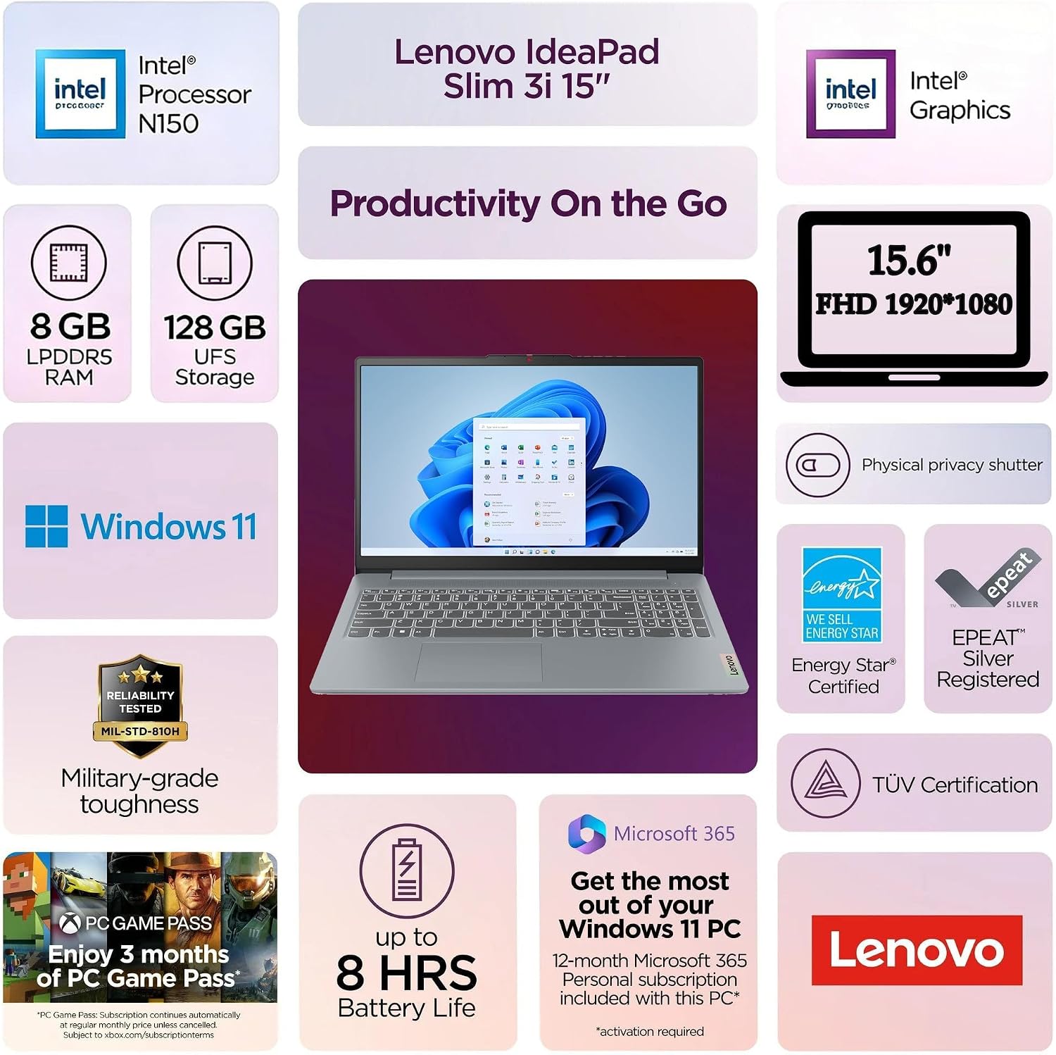 LAPTOP LENOVO IDEAPAD SLIM 3I 15.6' FHD INTEL N150 8GB DDR5 128GB GRIS - 2