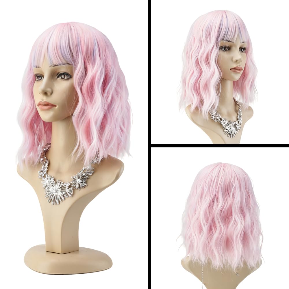 PELUCA CORTA ONDULADA ROSA Y AZUL CON FLEQUILLO PARA MUJER - 2