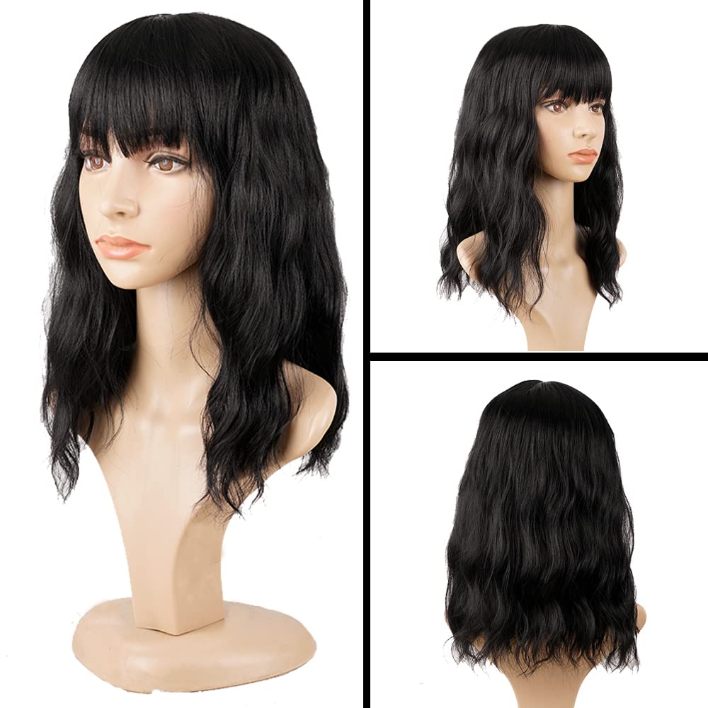PELUCA BOB CORTA ONDULADA NEGRA SINTÉTICA CON FLEQUILLO PARA MUJER - 2