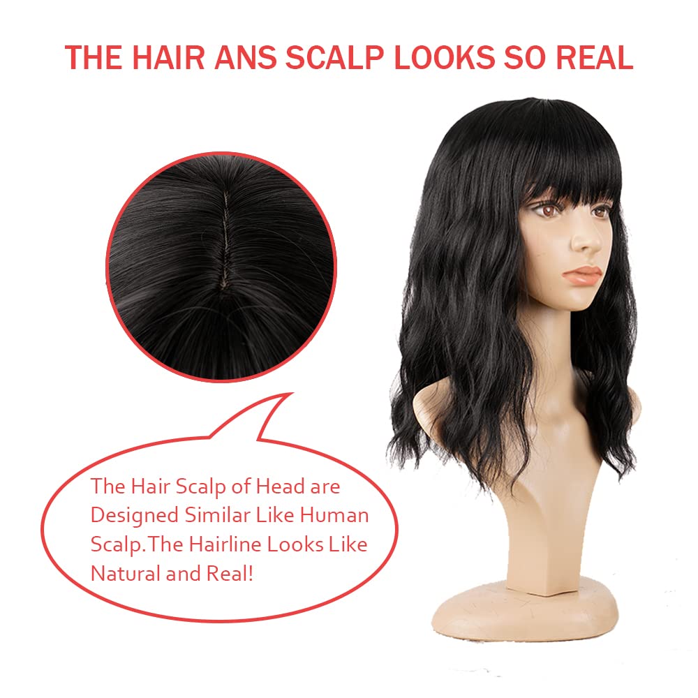 PELUCA BOB CORTA ONDULADA NEGRA SINTÉTICA CON FLEQUILLO PARA MUJER - 4