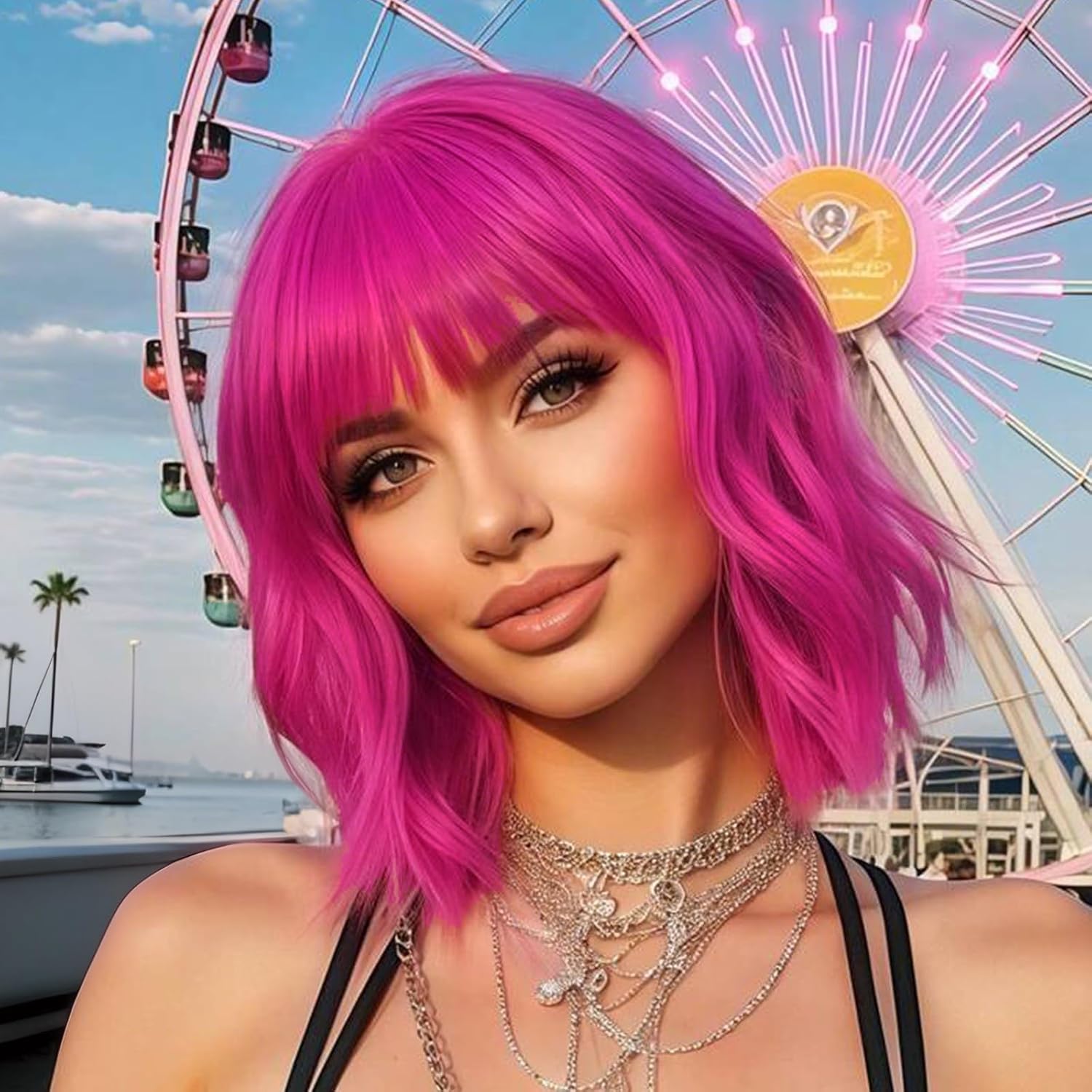 PELUCA BOB CORTA ONDULADA ROSA FUCSIA CON FLEQUILLO SINTÉTICA PARA MUJER - 1