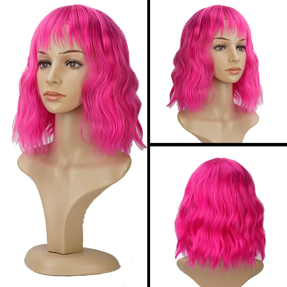 PELUCA BOB CORTA ONDULADA ROSA FUCSIA CON FLEQUILLO SINTÉTICA PARA MUJER - 2
