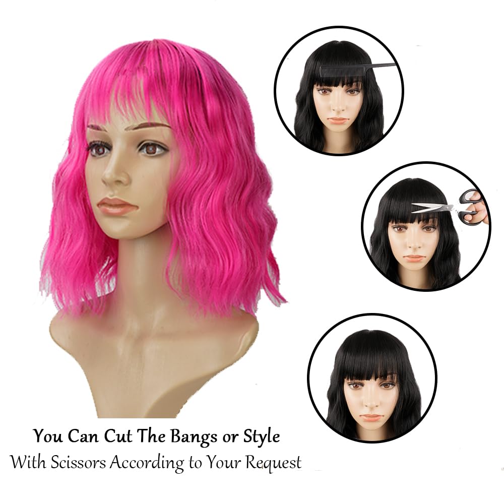 PELUCA BOB CORTA ONDULADA ROSA FUCSIA CON FLEQUILLO SINTÉTICA PARA MUJER - 3