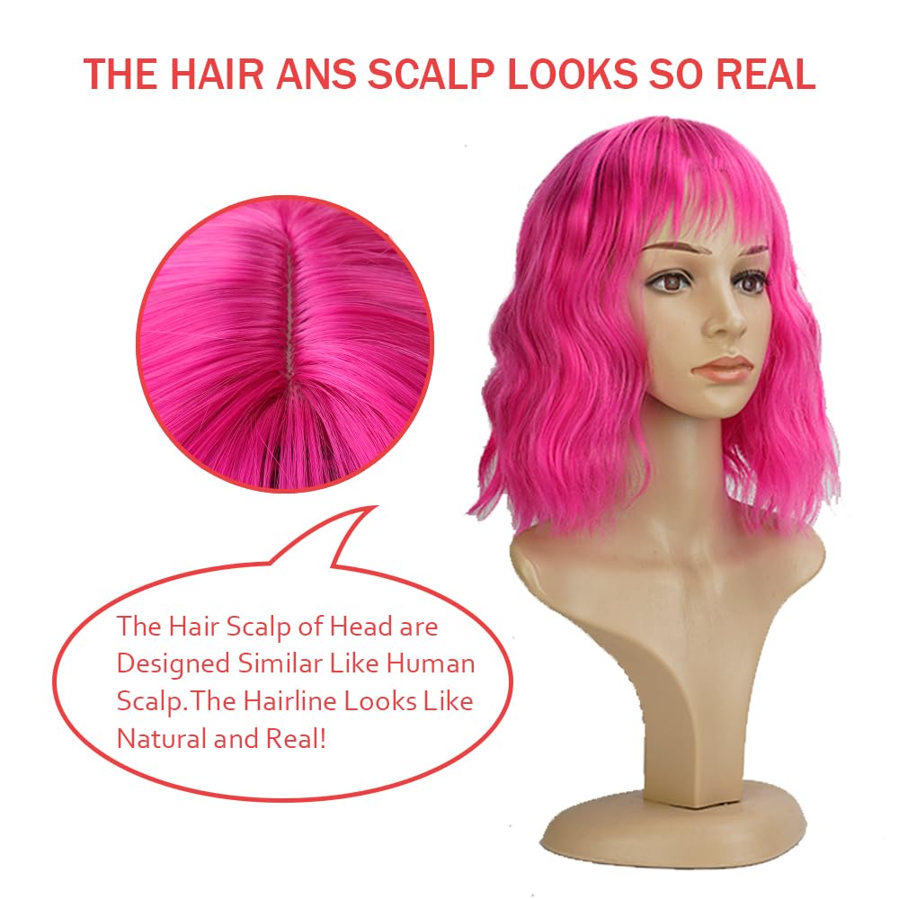 PELUCA BOB CORTA ONDULADA ROSA FUCSIA CON FLEQUILLO SINTÉTICA PARA MUJER - 4