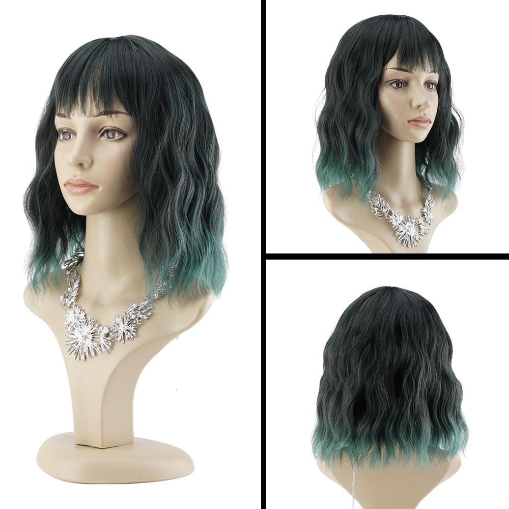 PELUCA BOB CORTA ONDULADA VERDE OSCURO SINTÉTICA CON FLEQUILLO PARA MUJER - 2