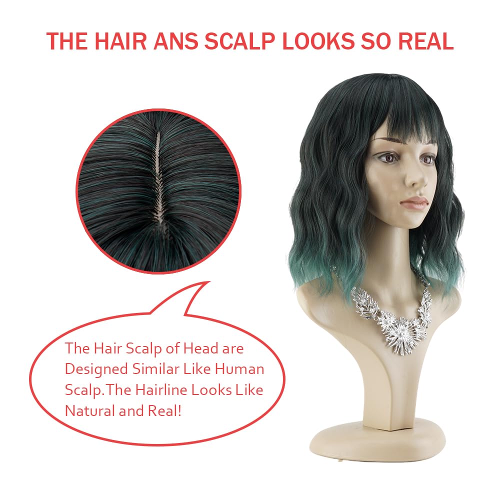 PELUCA BOB CORTA ONDULADA VERDE OSCURO SINTÉTICA CON FLEQUILLO PARA MUJER - 4