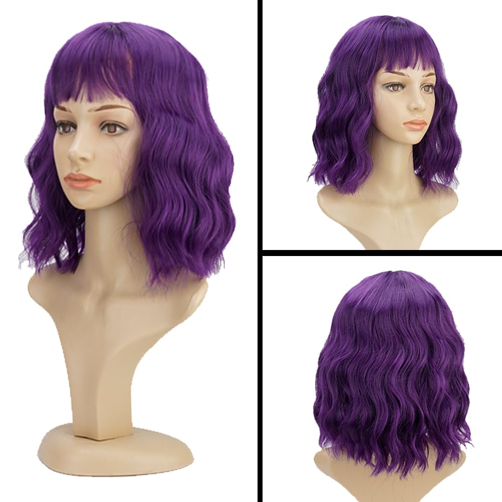 PELUCA BOB CORTA ONDULADA PÚRPURA CON FLEQUILLO SINTÉTICA PARA MUJER - 2