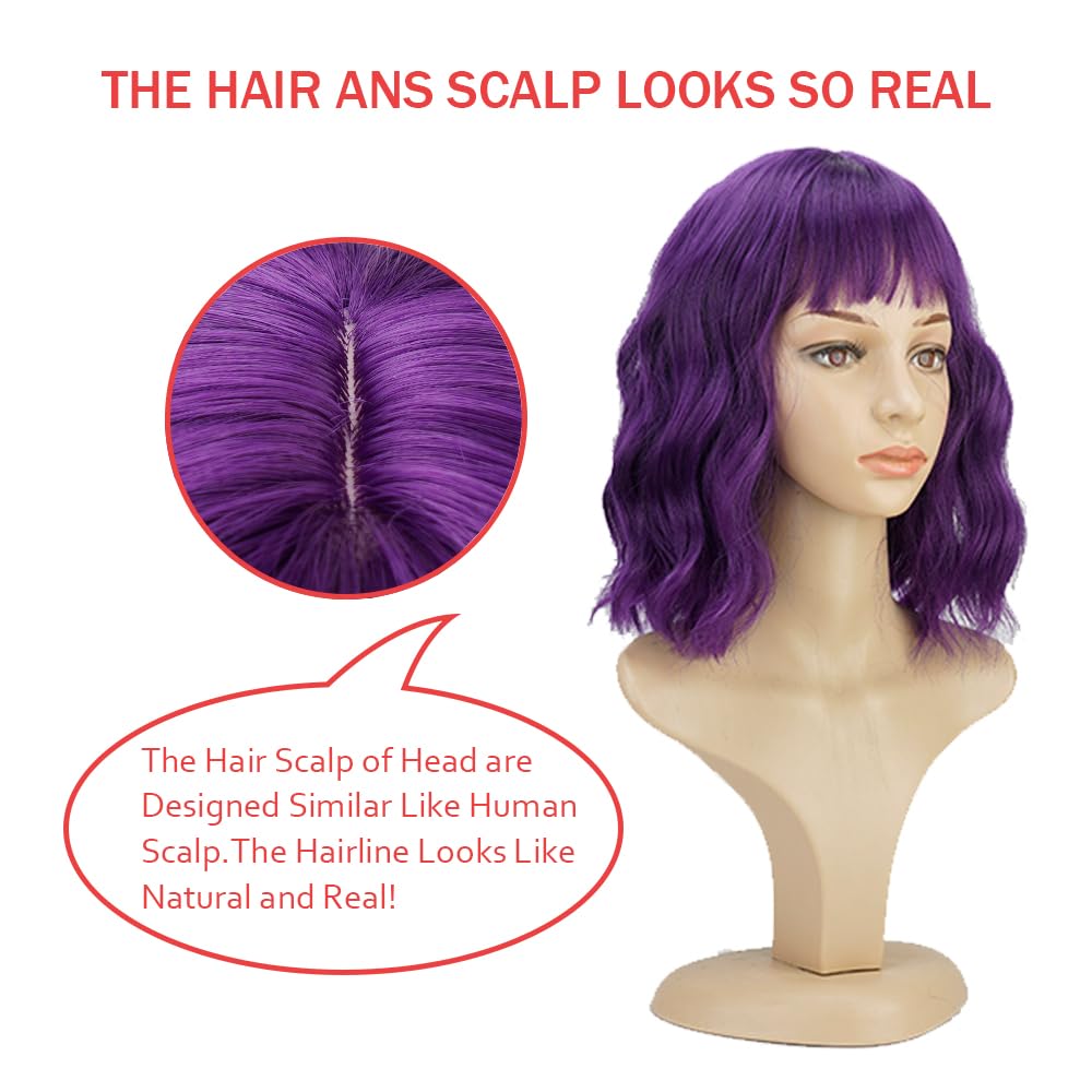 PELUCA BOB CORTA ONDULADA PÚRPURA CON FLEQUILLO SINTÉTICA PARA MUJER - 4