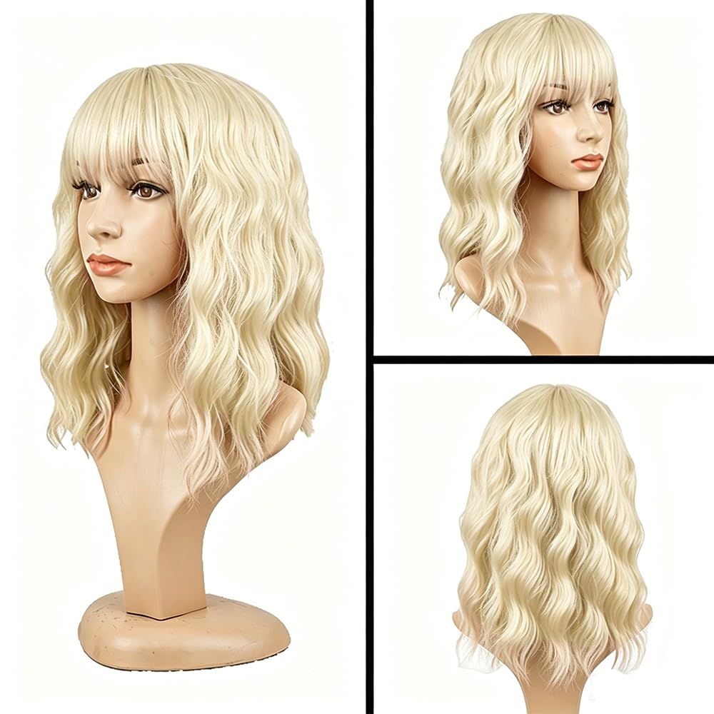 PELUCA BOB CORTA ONDULADA RUBIA SINTÉTICA CON FLEQUILLO PARA MUJER - 2