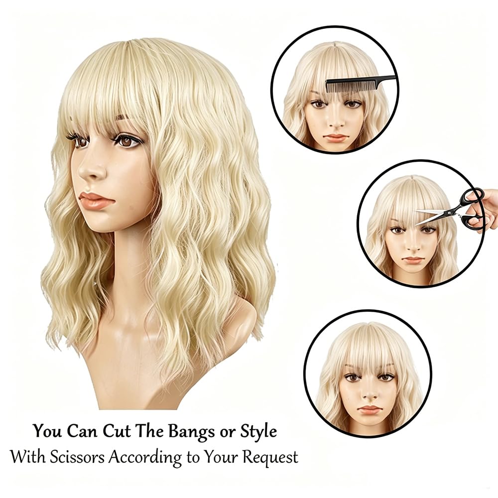 PELUCA BOB CORTA ONDULADA RUBIA SINTÉTICA CON FLEQUILLO PARA MUJER - 3