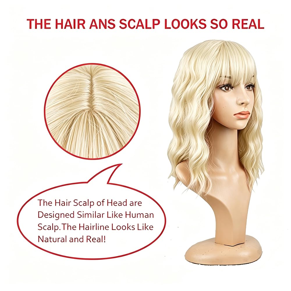 PELUCA BOB CORTA ONDULADA RUBIA SINTÉTICA CON FLEQUILLO PARA MUJER - 4