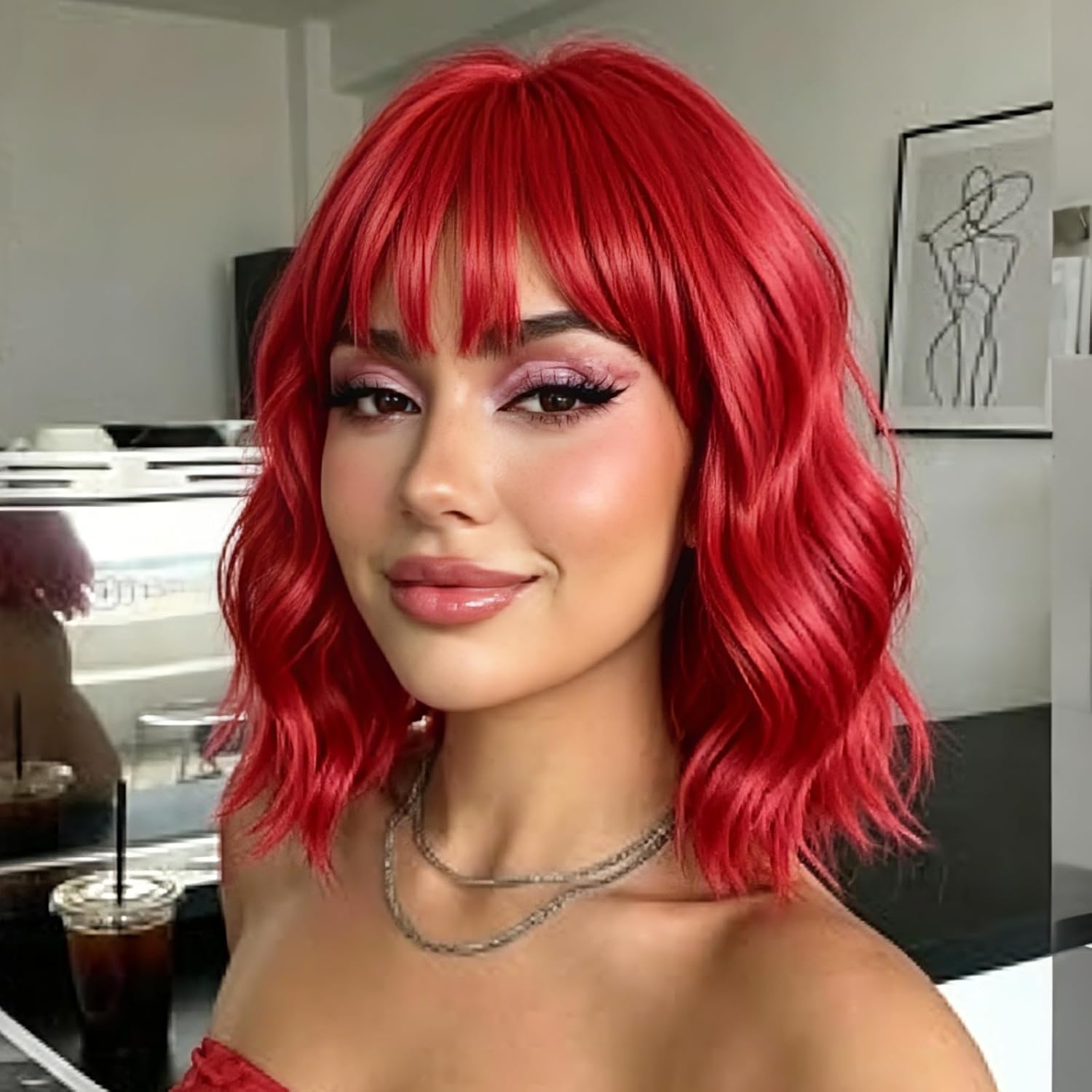 PELUCA BOB CORTA ONDULADA ROJA SINTÉTICA CON FLEQUILLO PARA MUJER - 1