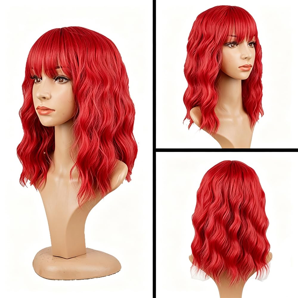 PELUCA BOB CORTA ONDULADA ROJA SINTÉTICA CON FLEQUILLO PARA MUJER - 2
