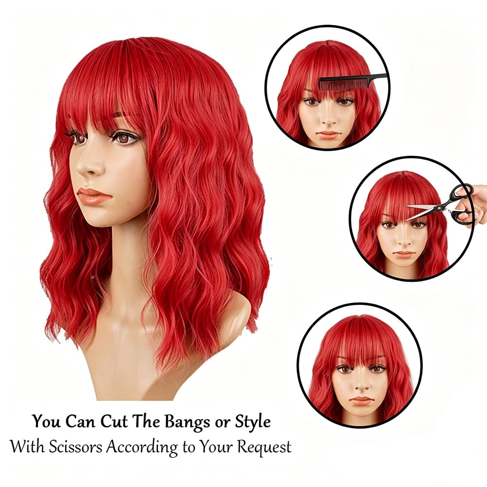 PELUCA BOB CORTA ONDULADA ROJA SINTÉTICA CON FLEQUILLO PARA MUJER - 3
