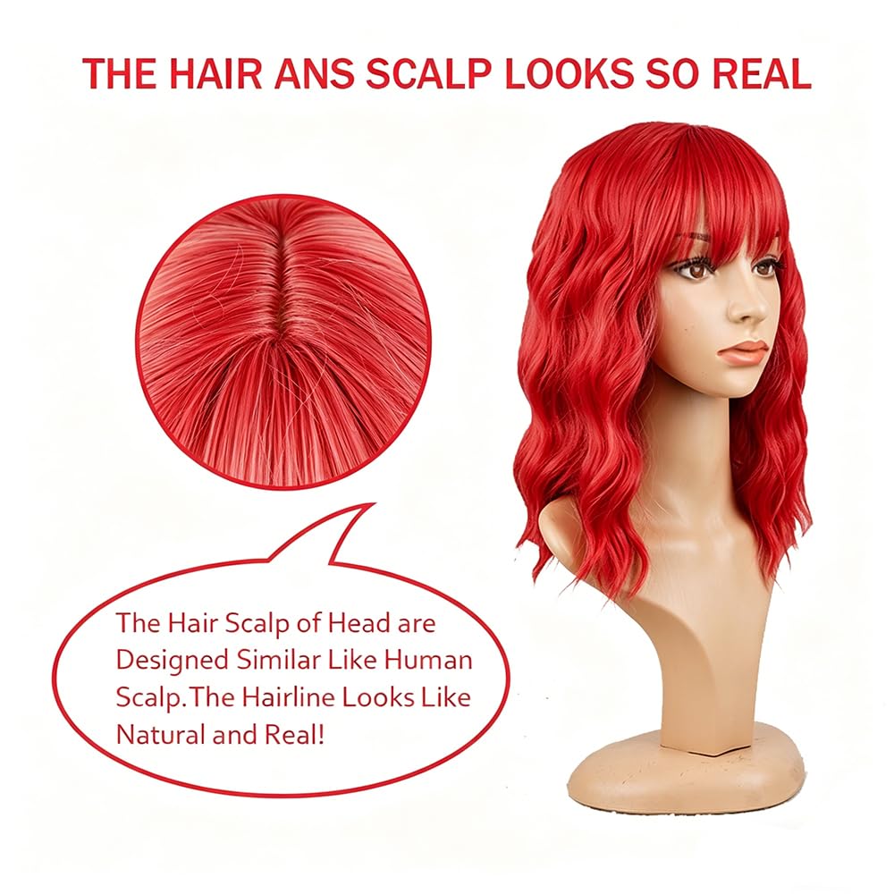 PELUCA BOB CORTA ONDULADA ROJA SINTÉTICA CON FLEQUILLO PARA MUJER - 4