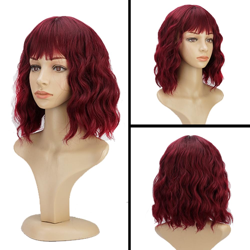 PELUCA BOB CORTA ONDULADA BURGUNDY SINTÉTICA CON FLEQUILLO PARA MUJER - 2