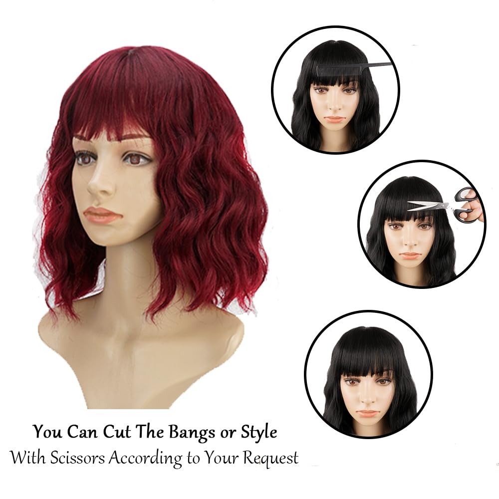 PELUCA BOB CORTA ONDULADA BURGUNDY SINTÉTICA CON FLEQUILLO PARA MUJER - 3