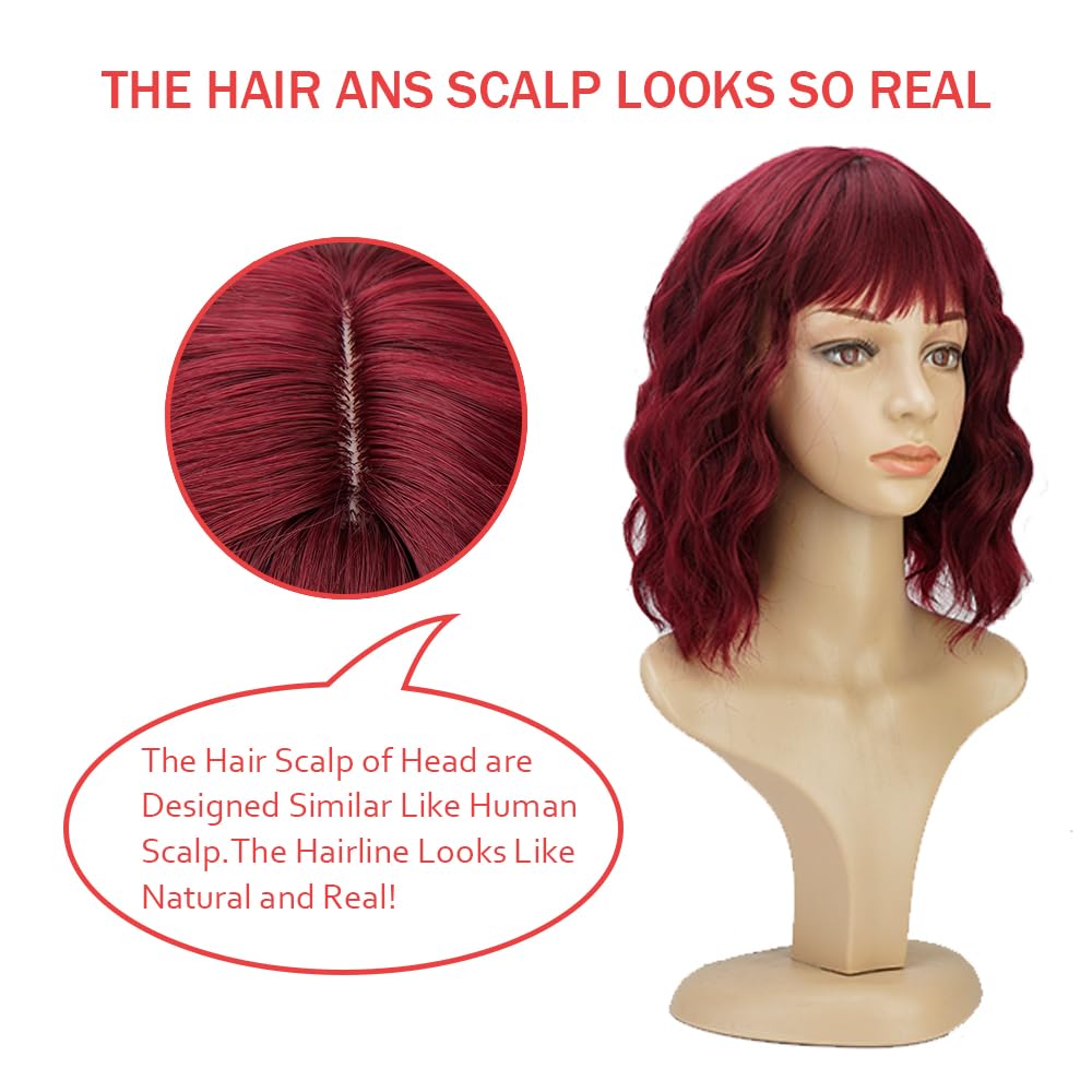 PELUCA BOB CORTA ONDULADA BURGUNDY SINTÉTICA CON FLEQUILLO PARA MUJER - 4