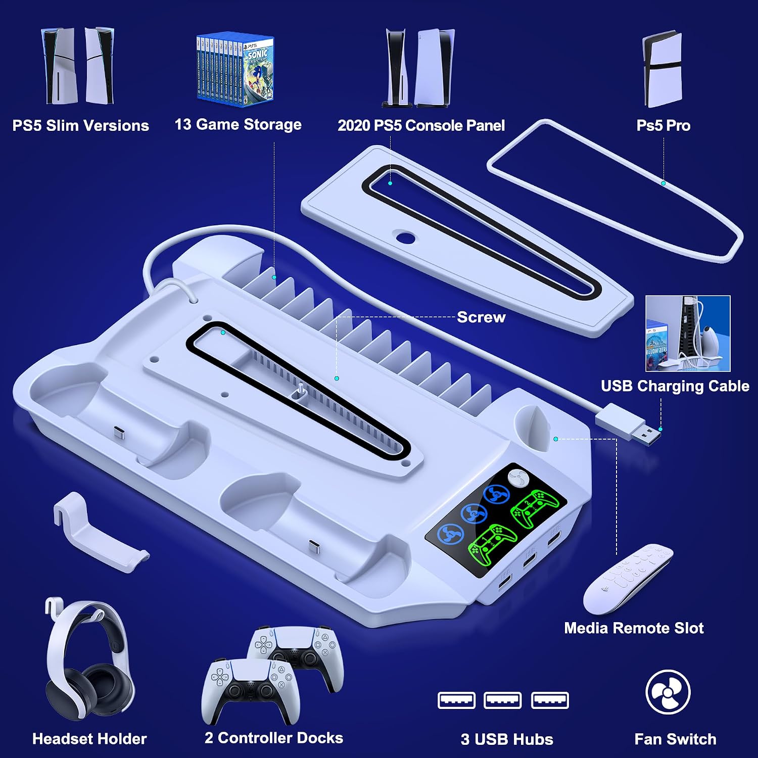 BASE DE ENFRIAMIENTO Y SOPORTE CON CARGADOR PARA CONTROLES KICKDOT PS5 PRO/SLIM/PS5 - 5