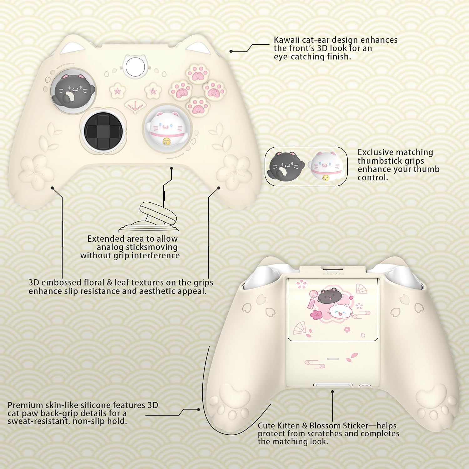 SKIN DE SILICONA PARA CONTROL XBOX SERIES X/S PLAYVITAL CHERRY BLOSSOMS KITTEN AMARILLO ANTIGUO - 5