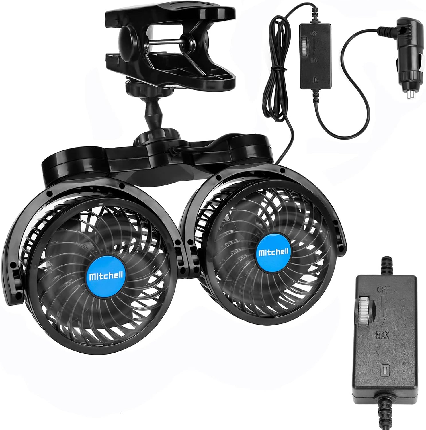 VENTILADOR DE CLIP PARA AUTO 12V HYNOO CABEZAL DUAL ROTATORIO 4 PULGADAS - 1