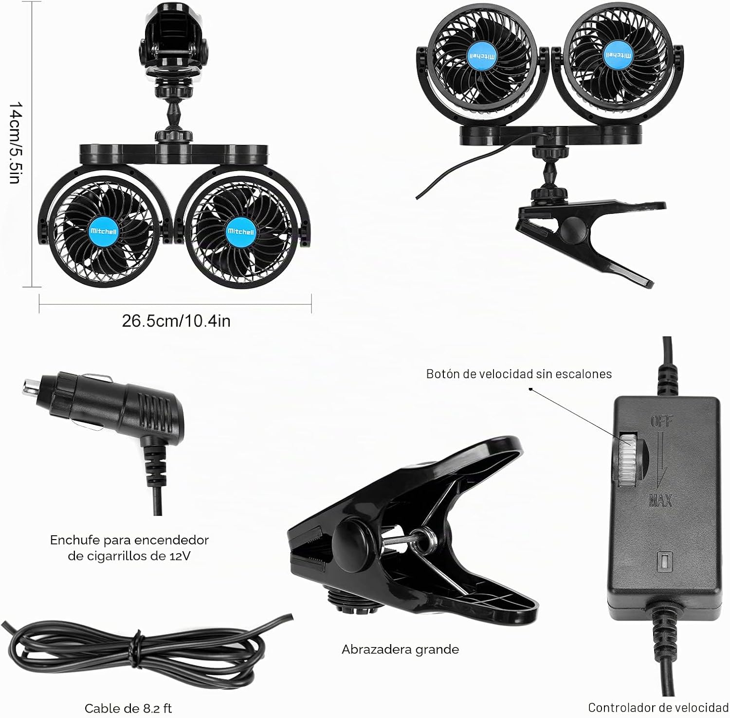 VENTILADOR DE CLIP PARA AUTO 12V HYNOO CABEZAL DUAL ROTATORIO 4 PULGADAS - 4