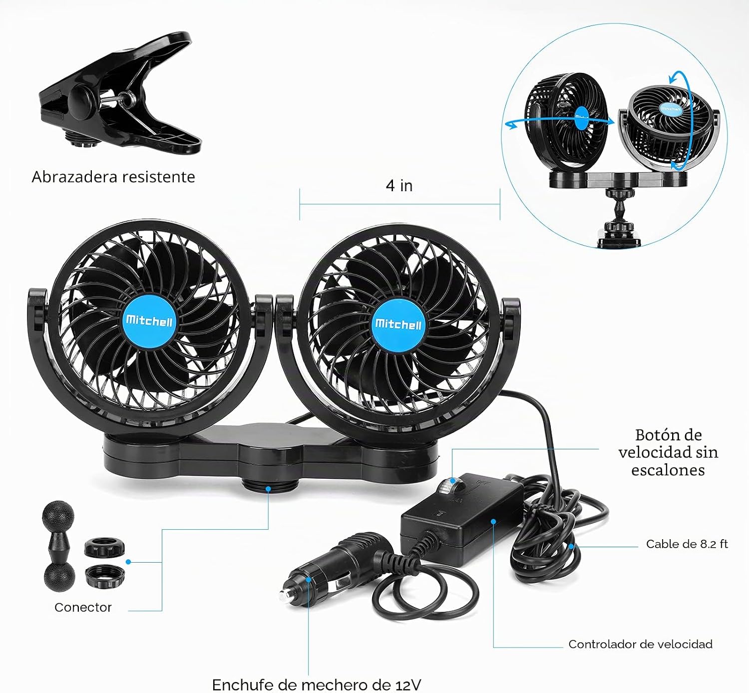 VENTILADOR DE CLIP PARA AUTO 12V HYNOO CABEZAL DUAL ROTATORIO 4 PULGADAS - 5